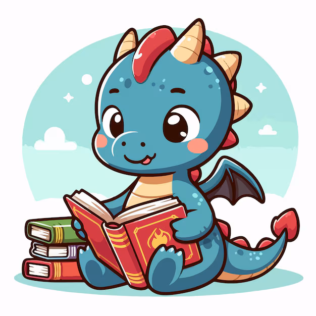 Cute blue dragon mascot reading a book